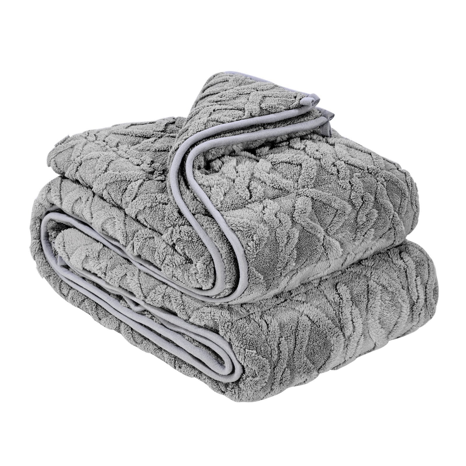 Grey sherpa fleece weighted blanket folded on a bed